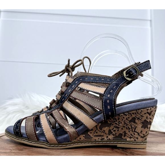 Spring Step L'Artiste Shoes Womens Size 10 Blue Wedge Sandals Leather Comfort - Picture 3 of 15